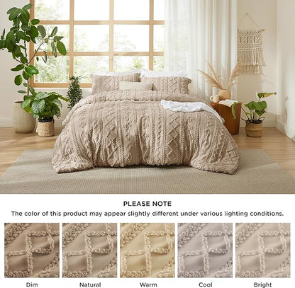 Bedsure Tufted Boho Comforter Set Twin Size - Khaki Boho Bed Set, GentleSoft™ 2 Pieces Farmhouse Shabby Chic Embroidery Bedding, Gifts for Woman, Soft Jacquard Twin Comforter for All Seasons