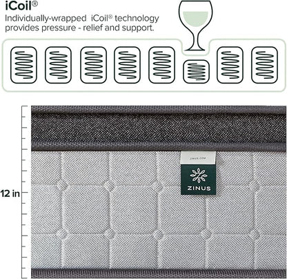 ZINUS 12 Inch Comfort Support Cooling Gel Hybrid Mattress, Queen, Euro Top Innerspring Mattress, Motion Isolating Pocket Springs, Mattress in A Box