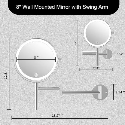 8" Wall Mounted Makeup Mirror with Handle, 3 Color Lights Dimmable and 1X/10X Magnification, Rechargeable Bathroom Wall Mount Magnifying Mirror with Extension Arm Height Adjustable Chrome