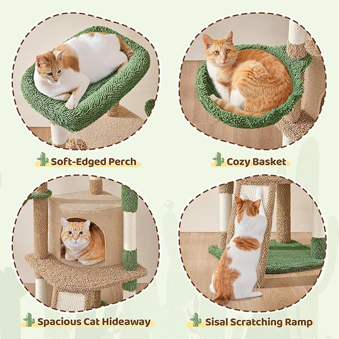 Yaheetech Cactus Cat Tree, 42in Cat Tower for Indoor Cats, Multi Level Kitten Condo Scratching Post, Pet Activity Center Furniture w/Ball, Plush Perch, Platform, Basket, Brown/Green-Mewly Pet