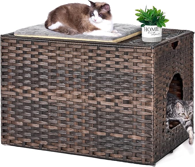 Cat Litter Box Enclosure with Litter Trapping Mat; Handwoven Plastic Rattan Kitten House; No Installation Hidden Cat Washroom; Pet Crate for Balcony,Bedroom,Living Room-Mewly Pet