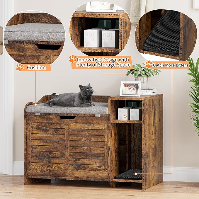 TrailBlaze Litter Box Enclosure with Top Opening&Scratching Mat, Cat Litter Box Furniture with Cushion Litter Box Hidden Wooden Cat Washroom Farmhouse Style Cat House for Hallway, Bedroom, Retro-Mewly Pet