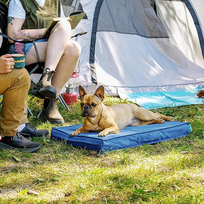 FurHaven Cooling Dog Bed – Medium Foam Mattress for Joint Pain Relief, Waterproof Liner, Removable Washable Cover, Durable for Outdoor Use, Deluxe Grid Indoor/Outdoor Bed – Blue, Medium-Mewly Pet
