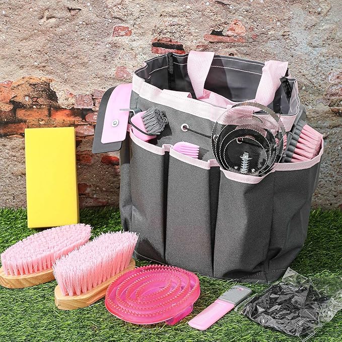 Abbylike 12 Pieces Horse Grooming Kit with Organizer Tote Bag Tack Room Supplies Horse Brush Sets Equine Care Cleaning Kit Shedding Grooming Massaging Tools(Pink and Grey)-Mewly Pet