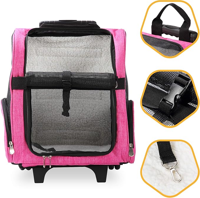 KOPEKS Deluxe Backpack Pet Travel Carrier with Double Wheels for Pets up to 18 Pounds - Pink-Mewly Pet