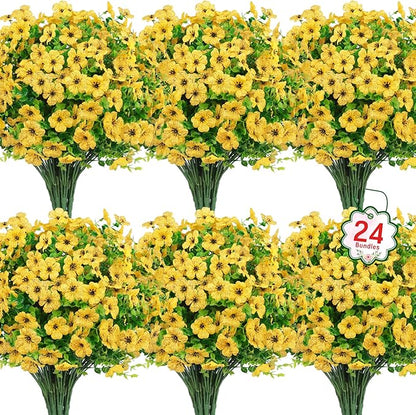Ouddy Decor 24 Bundles Artificial Flowers for Outdoors Fake Silk Flowers UV Resistant Faux Plastic Plants for Spring Summer Garden Porch Window Box Table Vase Home Indoor Outdoor Decoration, Yellow