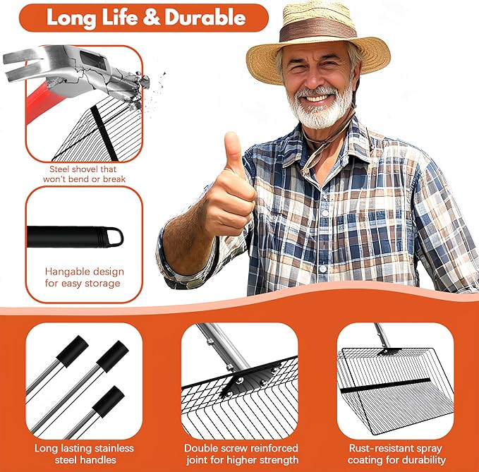 15inch Large Chicken Poop Scooper, 2 Slot Widths (0.16"&0.28"), 39" to 76" Adjustable Stainless Steel Handle, Sifting Litter Shovel for Chicken Coop/Stables/Farm Cleaning(with Effortless Grip)-Mewly Pet