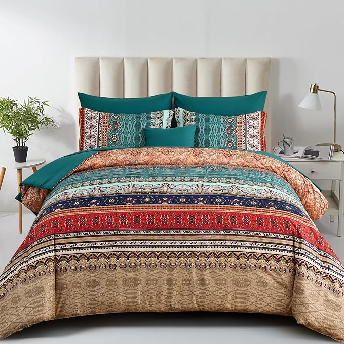 Cottolester Boho Queen Size Comforter Set 8 Pieces,Green and Brown Bohemian Striped Bed in a Bag,Floral Soft Microfiber Bedding Comforter Set
