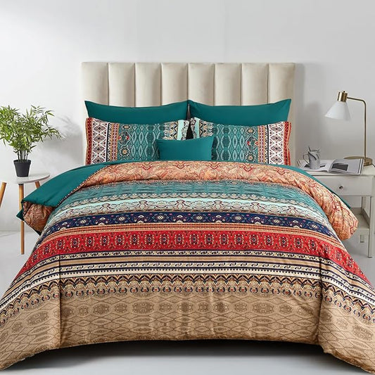 Boho Comforter Set California King Size 8 Pieces,Green and Brown Bohemian Striped Bed in a Bag,Floral Soft Microfiber Bedding Comforter Set for All Seasons