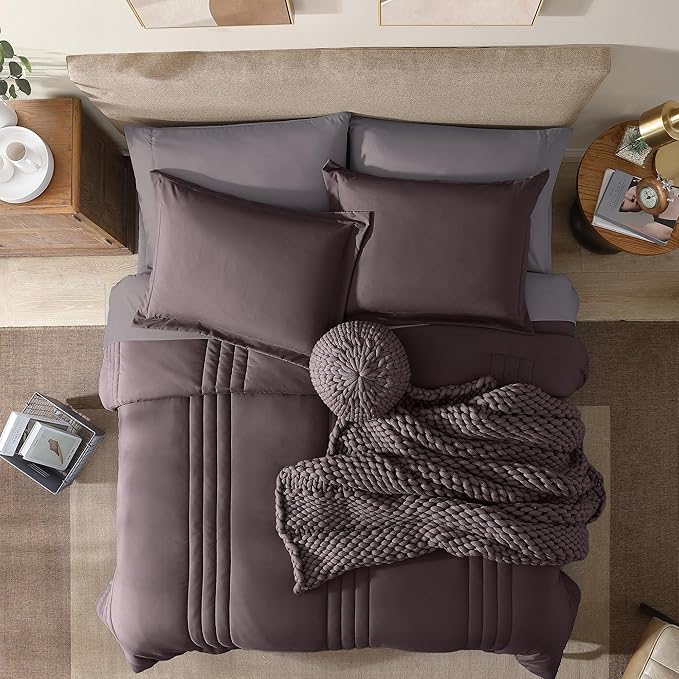 Monbix Queen Comforter Set - 7 Pieces ltalian Plum Bed in a Bag Queen Bedding Sets with Comforters, All Seasons Down Alternative Comforter Bed Set with Sheets,Pillowcases & Shams
