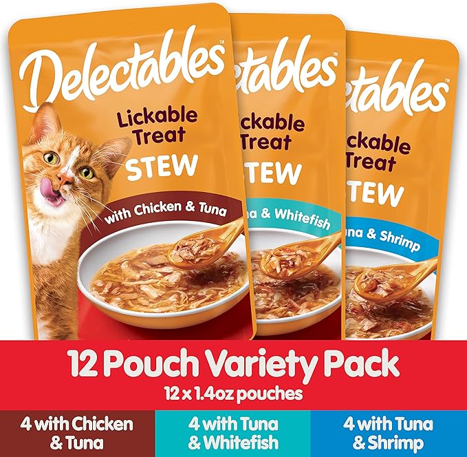 Hartz Delectables Stew Lickable Wet Cat Treats for Adult & Senior Cats, Variety Pack, 1.4 Ounce (Pack of 12)-Mewly Pet
