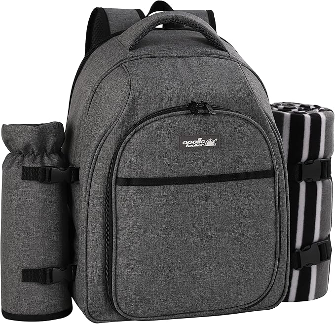 apollo walker Picnic Backpack Bag for 2 Person with Cooler Compartment, Detachable Bottle/Wine Holder, Fleece Blanket, Plates and Cutlery Set (2Person,Grey)-Mewly Pet