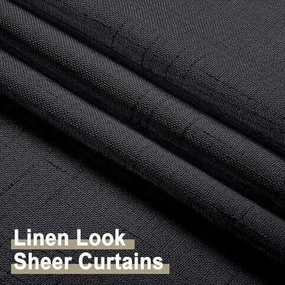 Aiyufeng Kirei 2 PCS Black Sheer Textured Curtains 36 inch Length, Faux Linen Textured Soft Elegant Short Cafe Curtains for Farmhouse Bathroom Bedroom Small Windows, Each 30Wx36L inch