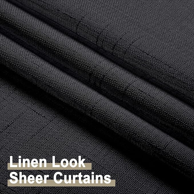 Aiyufeng Black Sheer Curtains, 72 inches Long 2 Panels, Fresh Textured Semi Sheer Linen Breathable Elegant Door Curtains & Drapes for Farmhouse/Living Room/Kitchen, 40Wx72L inch