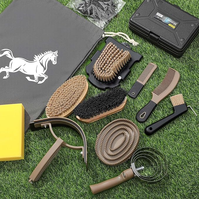 Abbylike 12 Pieces Horse Grooming Kit Racing Festival Tack Room Supplies Horse Brush Sets Equine Care Cleaning Kit Shedding Grooming Massaging Tools(Dark Gray)-Mewly Pet