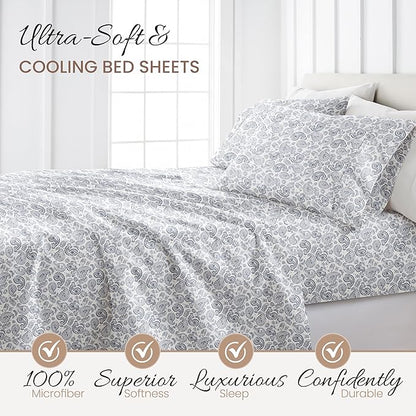 Linen Market 4 Piece King Sheet Set - Breathable, Double-Brushed Patterned Cooling Sheets – Oeko-TEX Certified Ultra Soft & Wrinkle-Free 16" Deep-Pocket King Sheets - Easy Care Coarse Paisley Navy