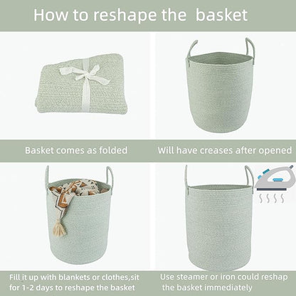 Cotton Rope Laundry Basket Hamper for Clothes Woven Storage Basket for Living Room Bedroom Boho Tall Rope Baskets for Blanket Toys Pillow Towels Baby Nursery Hamper Bin green