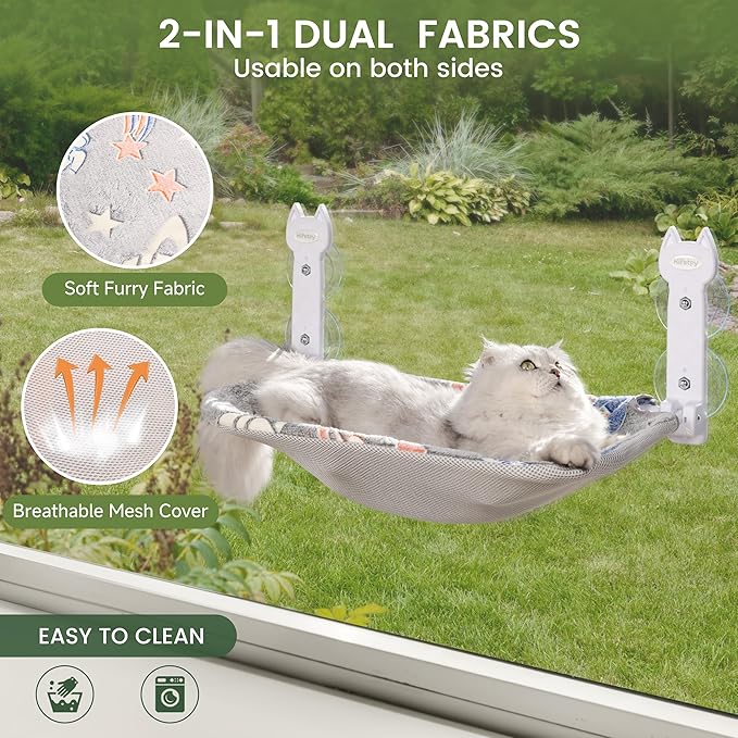 Cat Window Perch, Glow in The Dark Foldable Cat Hammock with Sunken Design & Removable Soft Cover, Breathable Cordless Window Bed for Resting Indoor Kitten (Shallow Perch, 1 Pack - M)-Mewly Pet