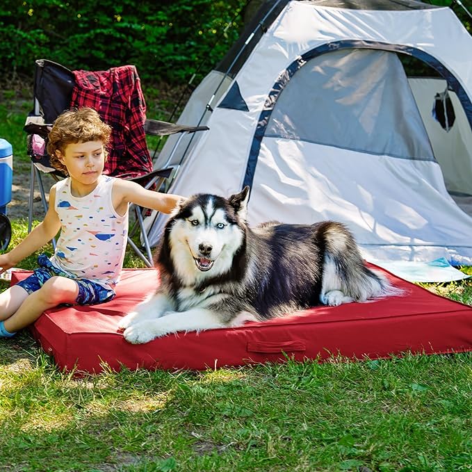 FurHaven Cooling Dog Bed – XXL Foam Mattress for Joint Pain Relief, Waterproof Liner, Removable Washable Cover, Durable for Outdoor Use, Deluxe Grid Indoor/Outdoor Bed – Red, Jumbo Plus-Mewly Pet