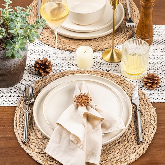 GBHOME Ceramic Dinnerware Sets for 4, 12 Pieces Stoneware Plates and Bowls Sets, Scratch Resistant Dishes, Dishwasher & Microwave Safe, Reactive Glaze-Vanilla color-Mewly Pet