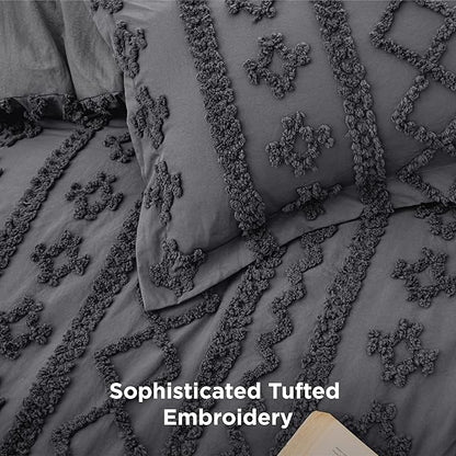 Bedsure Tufted Boho Comforter Set Queen Size - Dark Grey Boho Bed Set, GentleSoft™ 3 Pieces Farmhouse Shabby Chic Embroidery Bedding, Gifts for Woman, Soft Jacquard Queen Comforter for All Seasons