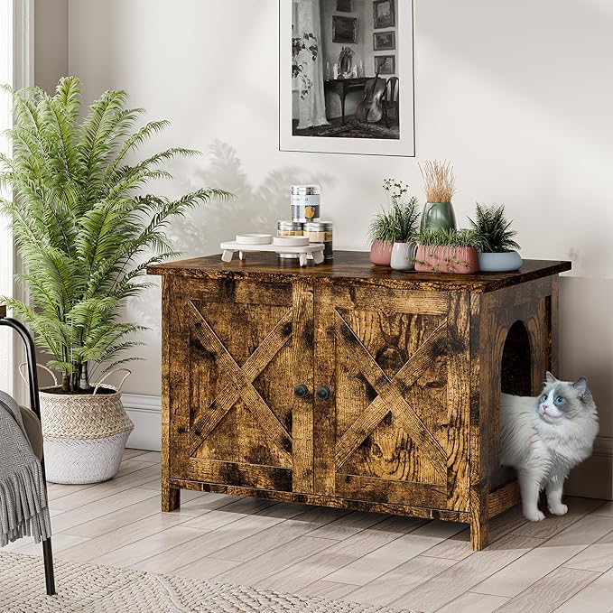 JY QAQA Cat Litter Box Enclosure,Litter Box Furniture Hidden with Barn Door,Wooden Cat Washroom Furniture,Cat House,Fit Most of Litter Box,Brown-Mewly Pet