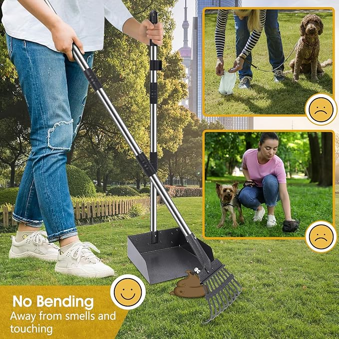 Dog Pooper Scooper, 20L Large Dog Poop Trash Can Outside with Removable Inner Bucket, Poop Trash Can for dog Outdoors with 90 Waste Bags, 37inch Long Handle Stainless Metal Tray & Rake-Mewly Pet