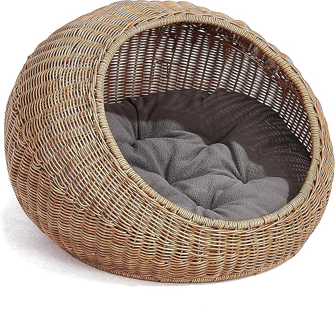 D+GARDEN Wicker Cat Bed Dome for Medium Indoor Cats - a Covered Cat Hideaway Hut of Faux Rattan Houses Pets in Dome Basket, Washable-Mewly Pet