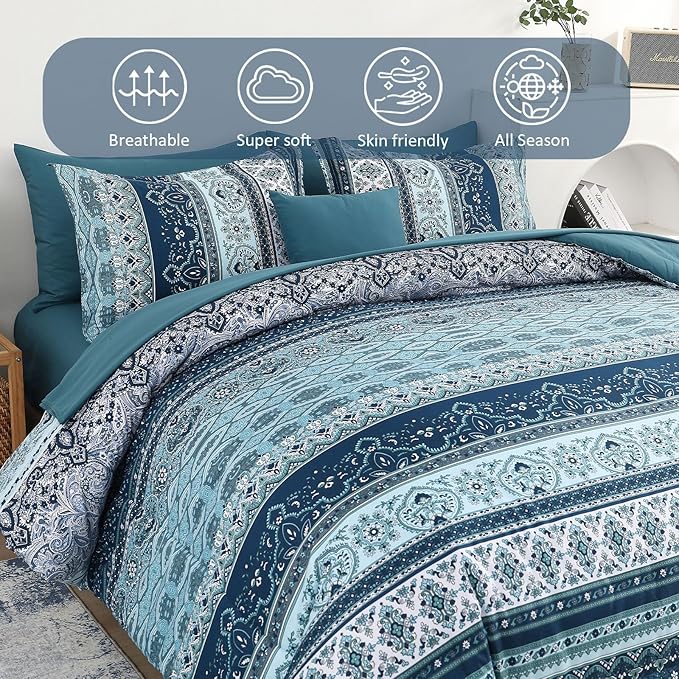 Boho Comforter Set King Size 8 Pieces, Teal Blue Comforter Bohemian Striped Bed in A Bag, Soft Microfiber Bedding Set for All Seasons