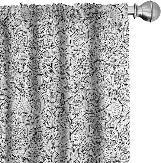 Ambesonne Black and White Window Curtains, Paisley Design with Sketch Style Flowers Leaves on Monochrome Background, Decor 2-Panel Set with Rod Pocket, Pair of - 28" x 95", White and Charcoal