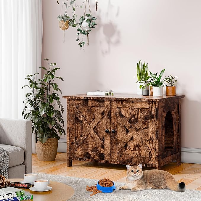 Vongrasig Cat Litter Box Enclosure,Litter Box Furniture Hidden with Barn Door,Wooden Cat Washroom Furniture,Cat House,End Table, Fit Most of Litter Box, Brown-Mewly Pet