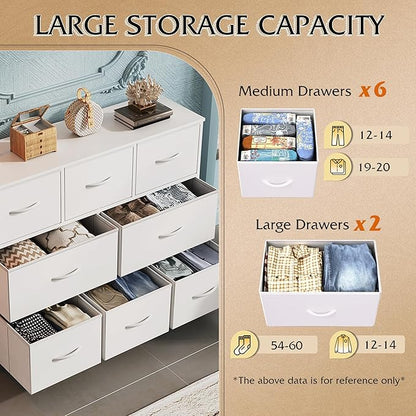 WLIVE 8 Drawer Dresser for Bedroom, Fabric White Dresser with Large Storage Drawer Unit for Entryway, Chest of Drawers for Living Room