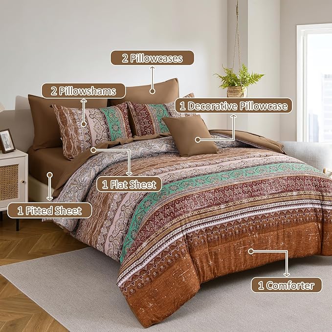Boho King Size Comforter Set 8 Pieces, Brown Bohemian Striped Bed in a Bag, Paisley Soft Microfiber Bedding Comforter Set