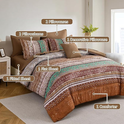 Boho King Size Comforter Set 8 Pieces, Brown Bohemian Striped Bed in a Bag, Paisley Soft Microfiber Bedding Comforter Set