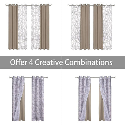 BONZER Mix and Match Curtains - 2 Pieces Branch Print Sheer Curtains and 2 Pieces Blackout Curtains for Bedroom Living Room Grommet Window Drapes, 37x63 Inch/Panel, Taupe, Set of 4 Panels