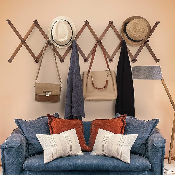 WEBI Accordion Wall Hanger,Expandable Wooden Coat Rack,Accordion Hat Rack for Wall,Accordion Hook Rack for Hats,Caps,20 Peg Hooks,Brown,2 Packs
