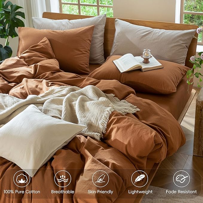 MooMee Bedding Duvet Cover Set 100% Washed Cotton Linen Like Textured Breathable Durable Soft Comfy (Solid Dark Orange, Cal King 104"x98")