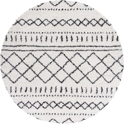 SAFAVIEH Arizona Shag Collection Area Rug - 3'2" Round, Ivory & Black, Moroccan Design, 1.6-inch Thick, Non-Shedding, Ideal for High Traffic Areas in Living Room, Bedroom, Dining (ASG741Z-3R)