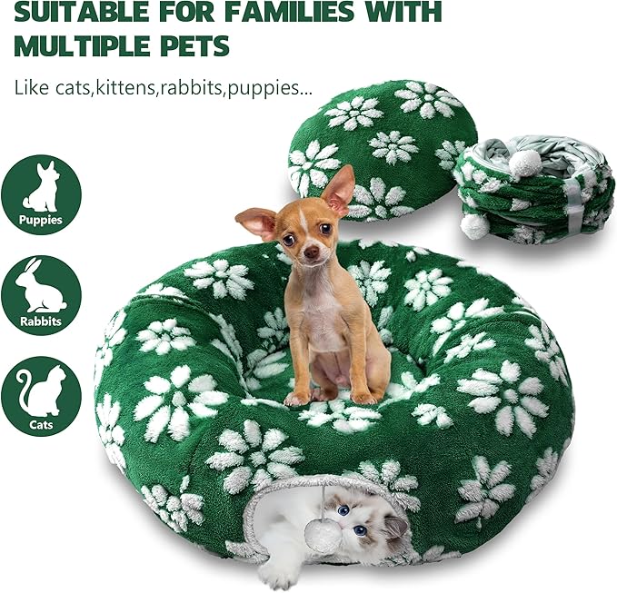 Cat Tunnel for Indoor Cats, Cute Peekaboo Cat Cave with Dangling Balls, Pet Donut Tunnel Bed with Circle Mat for Puppy Kitten Rabbit, Green Flower-Mewly Pet