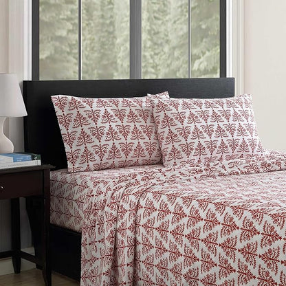 Eddie Bauer - Flannel Sheets King Size, Anti-Pilling & Wrinkle Resistant Cotton, Touchably Soft for All-Season Comfort - Bed Sheets with Matching Pillowcases & Fitted Sheet (Jolly Trees Red)