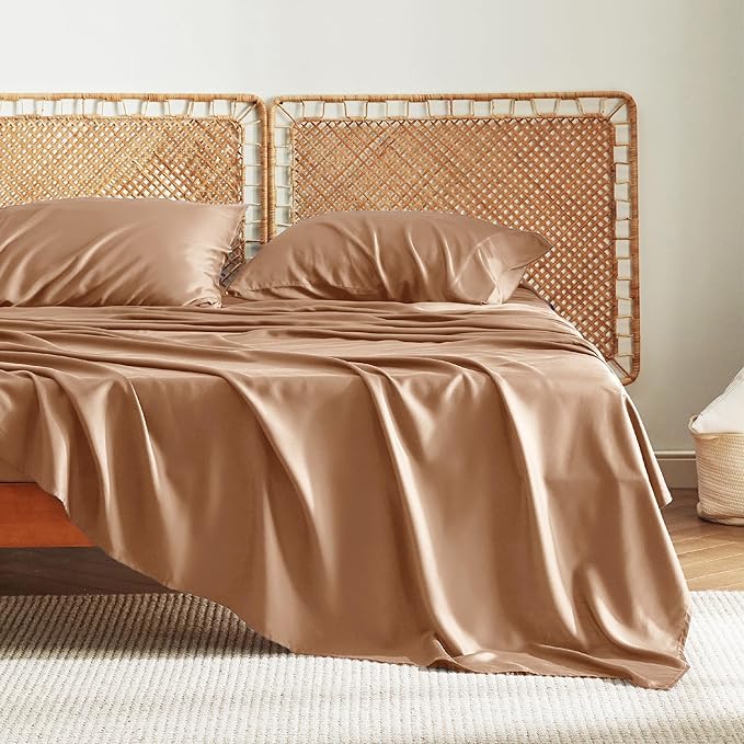 Bedsure King Size Sheets Set, Cooling Sheets for Hot Sleepers, Rayon Derived from Bamboo, Breathable & Soft, Deep Pocket Up to 16 Inches, Hotel Luxury Silky Bedding, Khaki