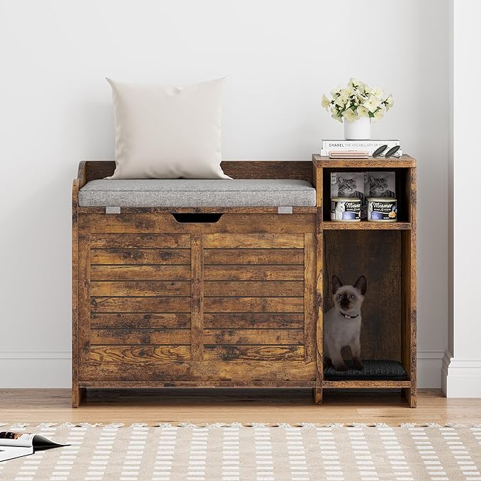 TrailBlaze Litter Box Enclosure with Top Opening&Scratching Mat, Cat Litter Box Furniture with Cushion Litter Box Hidden Wooden Cat Washroom Farmhouse Style Cat House for Hallway, Bedroom, Retro-Mewly Pet