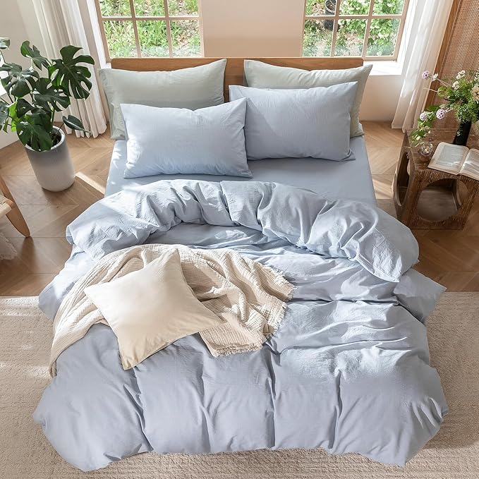 MooMee Bedding Duvet Cover Set 100% Washed Cotton Linen Like Textured Breathable Durable Soft Comfy (Heathered Cornflower Blue, King 104"x90")