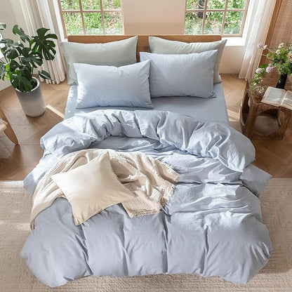 MooMee Bedding Duvet Cover Set 100% Washed Cotton Linen Like Textured Breathable Durable Soft Comfy (Heathered Cornflower Blue, Super Queen 90"x98")