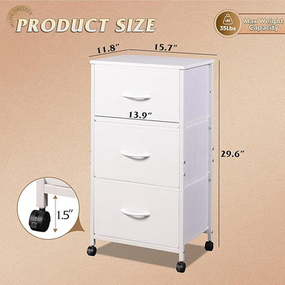 WLIVE Dresser with 3 Drawers, Fabric Nightstand, Cabinet with Wheels, Organizer Storage Dresser for Bedroom, Office, Entryway, Closets, Sturdy Steel Frame, Wood Top, Easy Pull Handle, White