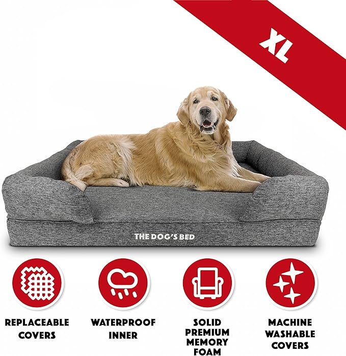 The Dog’s Bed, XL Grey Poly-Linen 43.5x34, Memory Foam, Pain Relief: Arthritis, Hip & Elbow Dysplasia, Post Surgery, Lameness, Supportive, Calming, Waterproof Washable Cover, Veterinary Approved-Mewly Pet