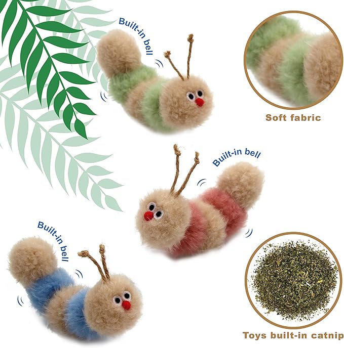 Interactive Natural 3 PK Catnip Toy, with Rattle, Bite Resistant, for All Ages Indoor Cat, Soft Caterpillar Toys, Fluffy Kitten Toy-Mewly Pet