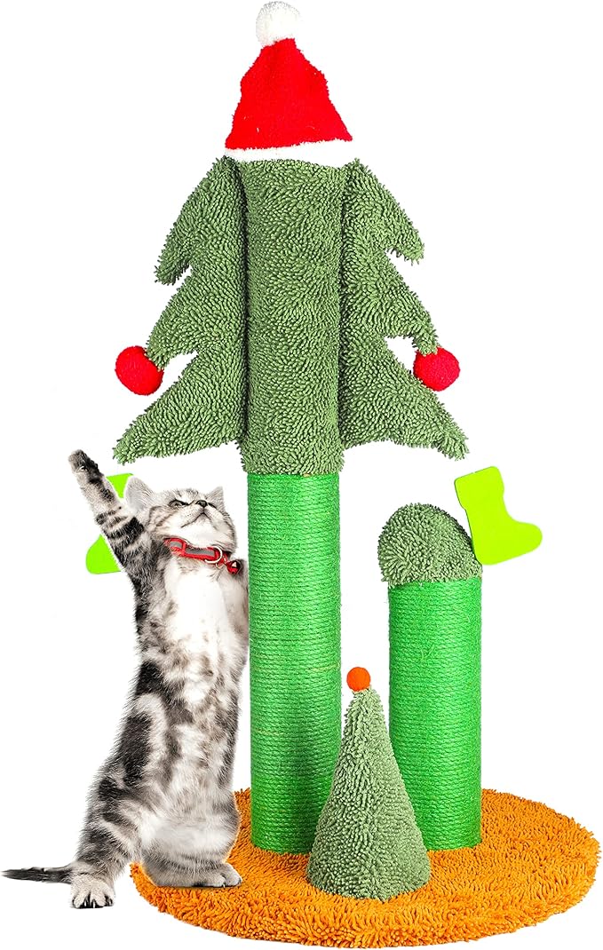32” Cat Scratching Post, Tall Christmas Tree Cat Scratcher with 3 Posts and Cute Dangling Teaser Balls, Natural Sisal Rope Cat Toys for Kitty and Adult Cats-Mewly Pet