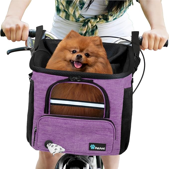 PetAmi Dog Bike Basket, Soft-Sided Ventilated Dog Bike Carrier Backpack, Pet Bicycle Basket for Bike Handlebar, Small Medium Puppy Cat Kitten Car Booster Seat with Safety Strap, Max 18 lbs, Purple-Mewly Pet
