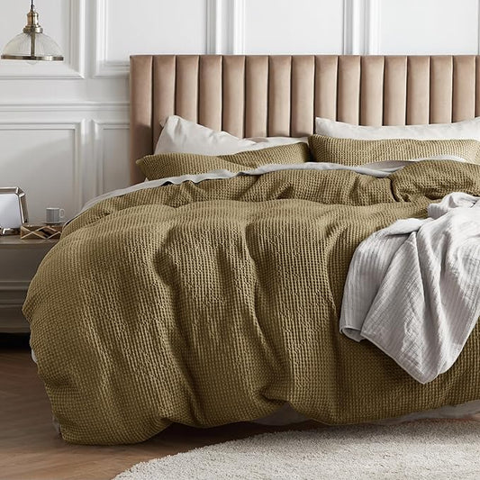 Bedsure Cotton Duvet Cover Queen Size - 100% Cotton Waffle Weave Fennel Seed Duvet Cover Queen Size, GentleSoft™ and Breathable Bedding Set for All Season, 3 Pieces, 90"x90"